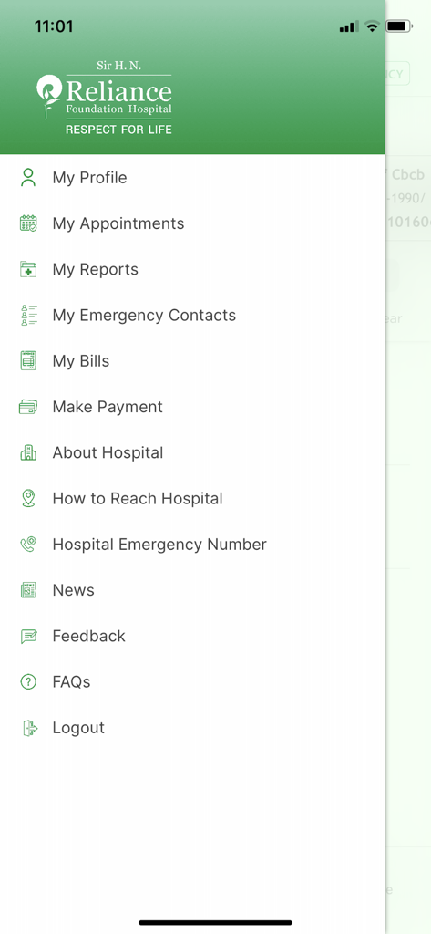 Reliance Foundation Hospital - The main navigation menu of the Reliance Foundation Hospital app showing options for appointments, medical reports, and billing.