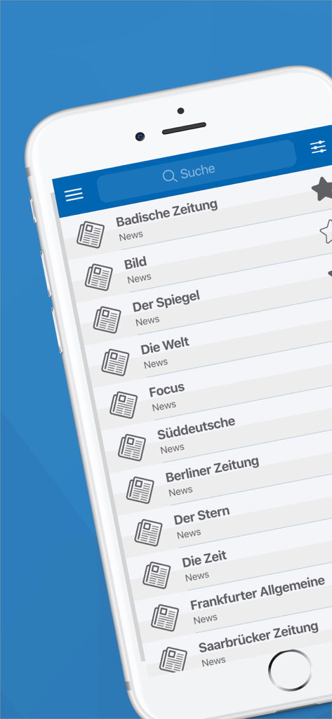 Nachrichten Deutsche Aktuelle - List of German newspaper sources in the news aggregator app on an iPhone display