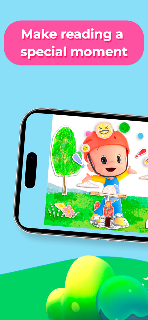 Cuquin Playtime with Cleo 2+ - Cuquin character riding a bike on a digital book screen in the Playtime app