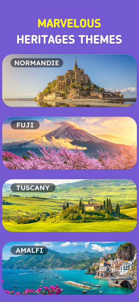Word Tour: Trip Puzzle Game - Word Tour app showcasing travel themes including Normandie Fuji Tuscany and Amalfi