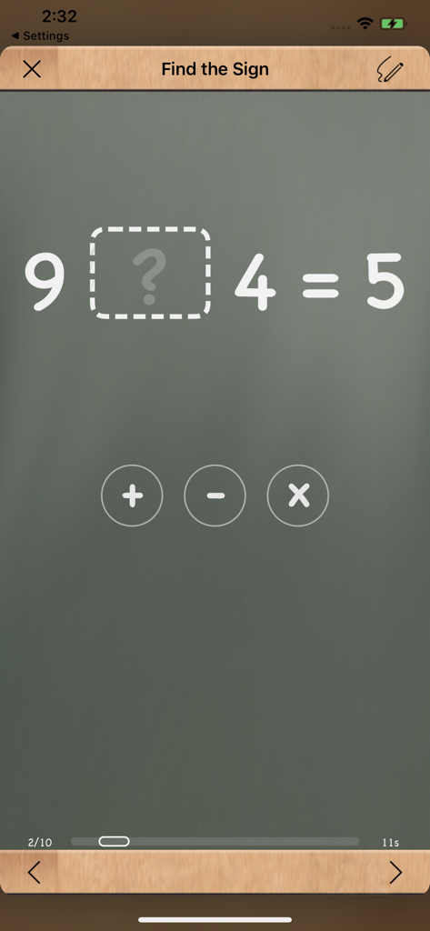MathBoard - MathBoard app screenshot showing a find the sign math problem on a digital chalkboard