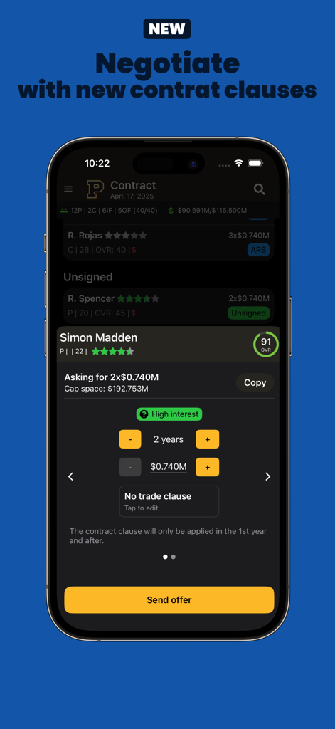 Baseball Legacy Manager 25 - Tela de negociação de contrato do Baseball Legacy Manager 25 com o jogador Simon Madden e opções de cláusula de não-troca