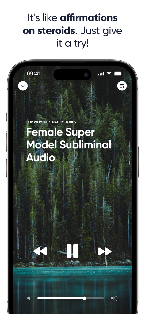 Interface do aplicativo Áudio Subliminar Poderoso reproduzindo uma faixa de autoaperfeiçoamento para mulheres sobre um fundo de floresta de pinheiros