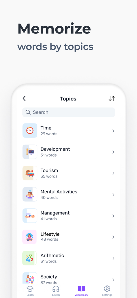 WRD - Learn Words - Interfaz de la aplicación WRD que muestra una lista de temas de aprendizaje de vocabulario como tiempo, turismo y estilo de vida