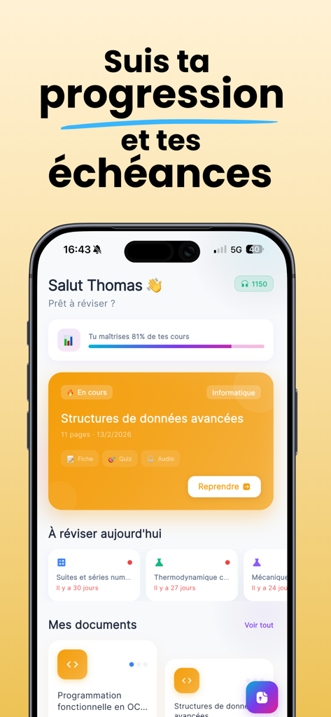 Podnotes - Tableau de bord de l'application mobile Podnotes montrant les progrès d'étude de l'étudiant et les tâches de révision.