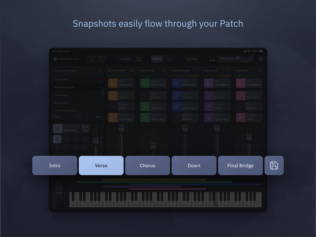 Sunday Keys - Sunday Keys app interface showing song section snapshots for live worship keyboard performance
