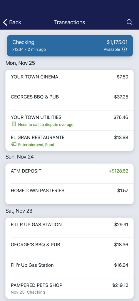 TX Community Bank - TX Community Bank app transaction history screen showing organized spending with custom tags and notes.