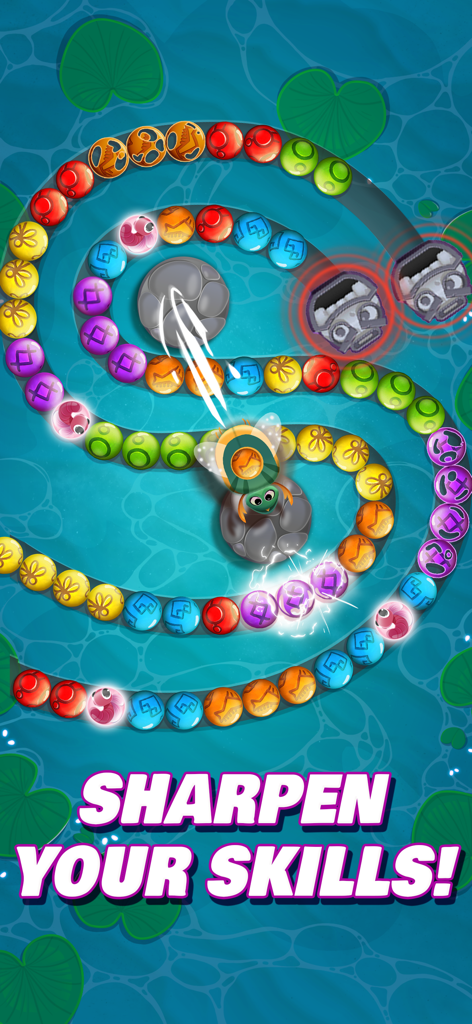 Jugabilidad del juego de disparos de canicas en Viola's Quest con esferas coloridas sobre un fondo de estanque con un mensaje de 'agudiza tus habilidades'.