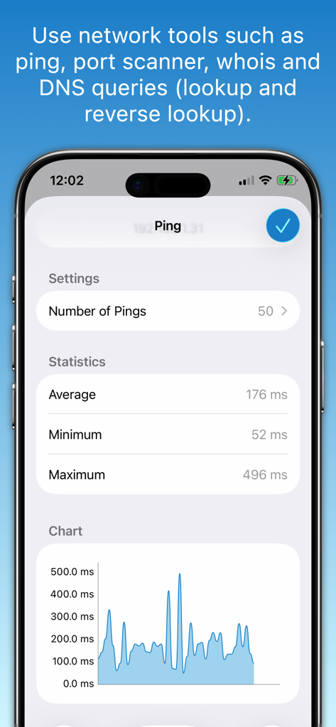 Network Radar - Network Radar app showing ping diagnostic tool with latency statistics and response time graph.