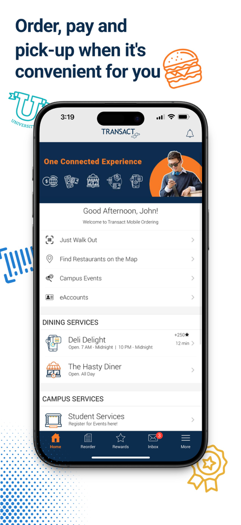 Transact Mobile Ordering - Transact Mobile Ordering app home screen displaying campus food and service options