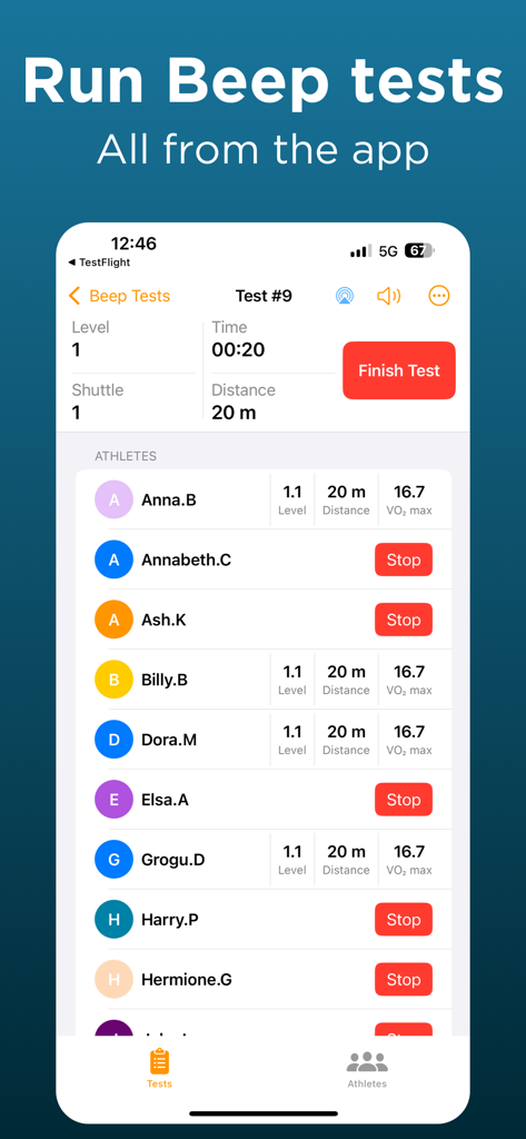 Beep Test for VO2 Max - Mobile app interface showing real-time beep test scoring for multiple athletes including levels and VO2 max