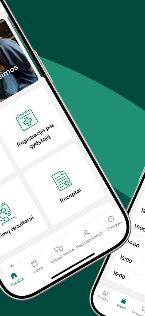 Meliva Lietuva - El panel de control de la aplicación Meliva Lietuva que muestra funciones médicas como registro de médicos y recetas