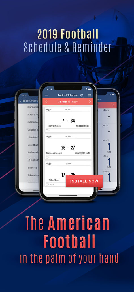 Interfaz de aplicación móvil que muestra calendarios y resultados de partidos de la NFL con recordatorios de equipos