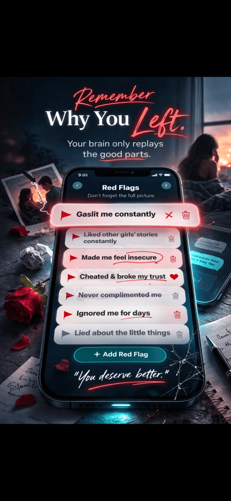 Anchor - No Contact Tracker - A smartphone displaying the Anchor app Red Flags feature with a list of negative relationship patterns to help users maintain no contact.