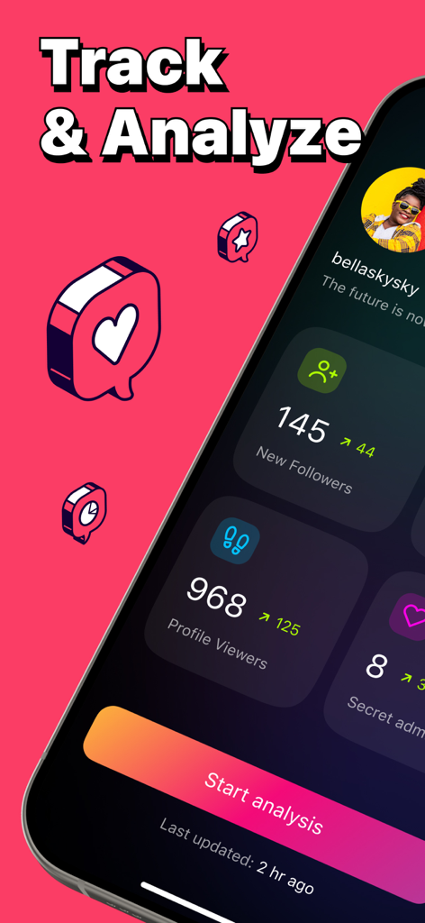 Followers+ & Reports Tracker - Instagram analytics dashboard showing new followers profile viewers and secret admirers