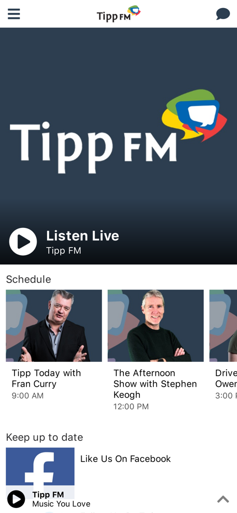 Tipp FM - 실시간 플레이어 및 쇼 일정이 있는 Tipp FM 라디오 앱 홈 화면