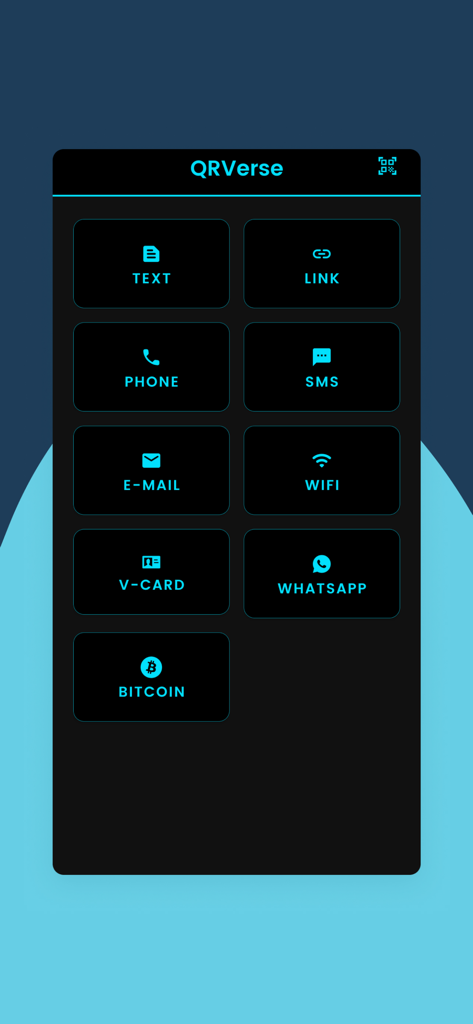 QR Verse - QR Code Generator - Main menu of QR Verse app showing QR code generation options for Bitcoin, WiFi, and links.
