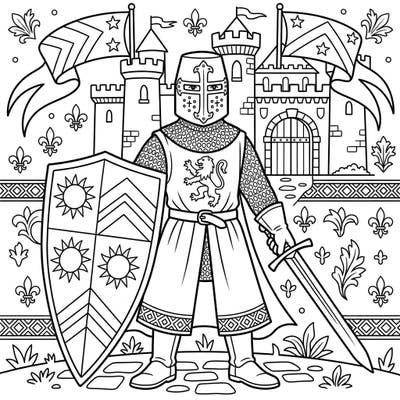 Step back in time with this exciting coloring page featuring a brave High Medieval Knight! Kids will love bringing this valiant protector and his majestic castle to life with their favorite colors.