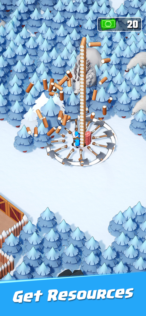 A character harvesting wood logs in a snowy forest within the Whiteout Survival game