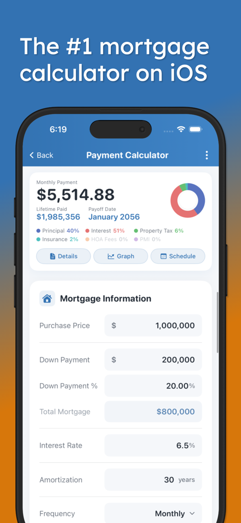 Mortgage Pal - Loan Calculator - Mortgage Pal app payment calculator screen showing a monthly payment breakdown and mortgage loan information