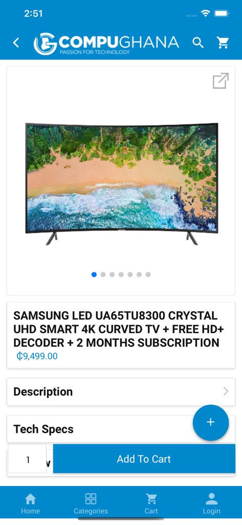 CompuGhana LTD - Un elenco di prodotti TV Samsung 4K curvi nell'app di shopping mobile CompuGhana.