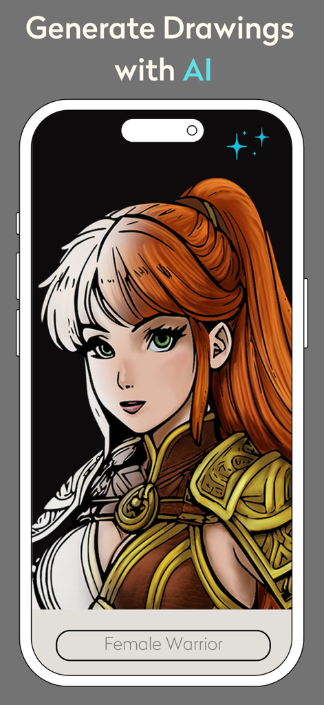 Adult Coloring Book: Chroma - Captura de tela do aplicativo Chroma mostrando um desenho gerado por IA de uma guerreira sendo colorida em um smartphone.