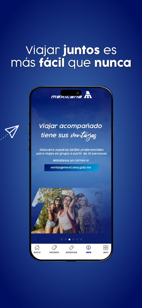 Mexicana - Mexicana airline app screen offering preferential rates for group travel with a picture of friends.