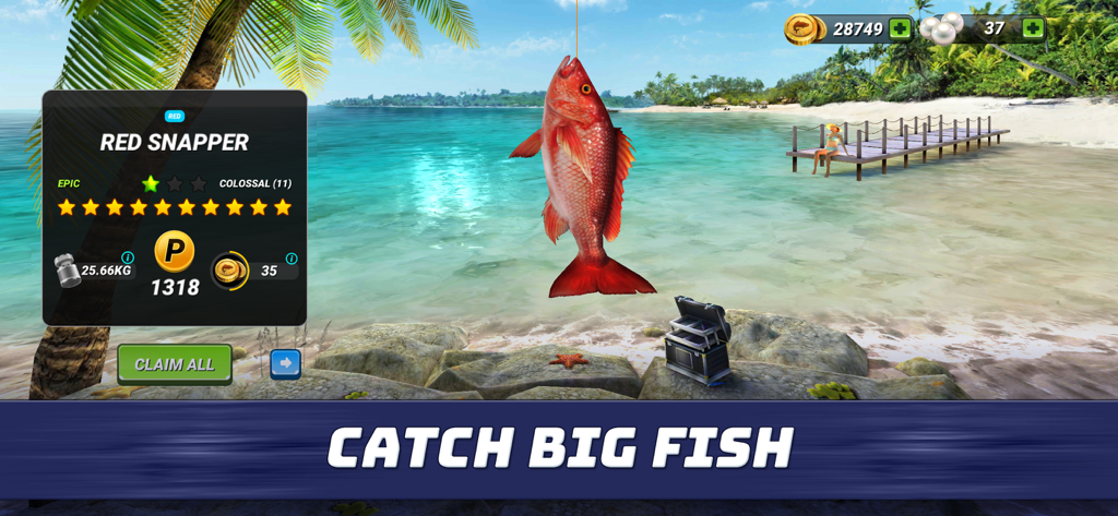 A colossal red snapper caught on a tropical beach in the Fishing Clash mobile game