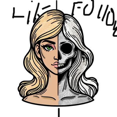 bust of a woman, half face and hair, half skull