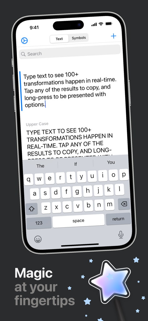 Textcraft iOS app interface demonstrating real-time text transformation and conversion features.