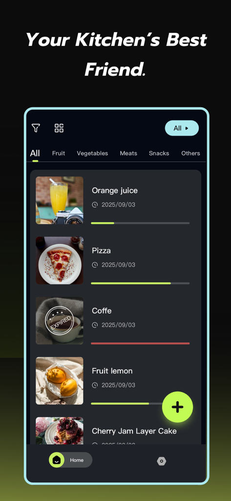 VidBite-FreshSync - VidBite app showing food items like pizza and juice with freshness status bars and expiration dates.
