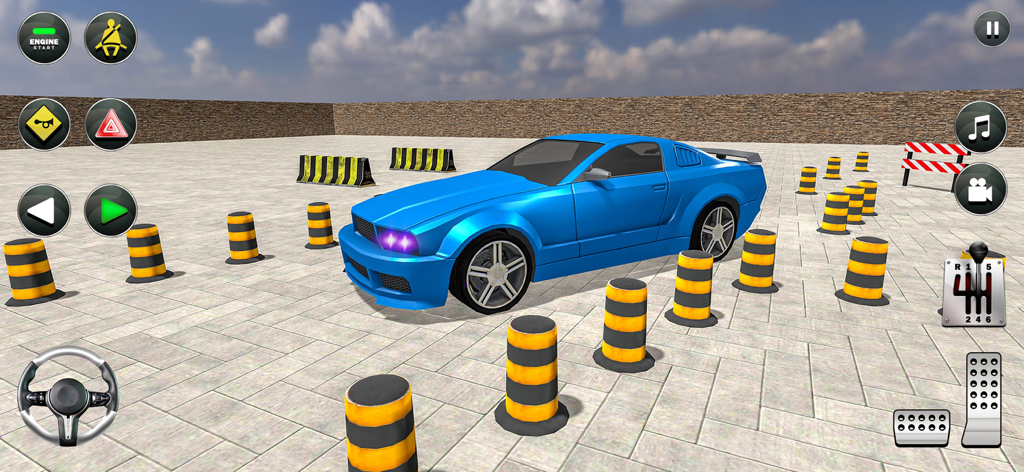 Car Parking Lot: Parking Games - A blue sports car maneuvering through yellow and black traffic cones in a 3D parking simulation game with mobile controls.