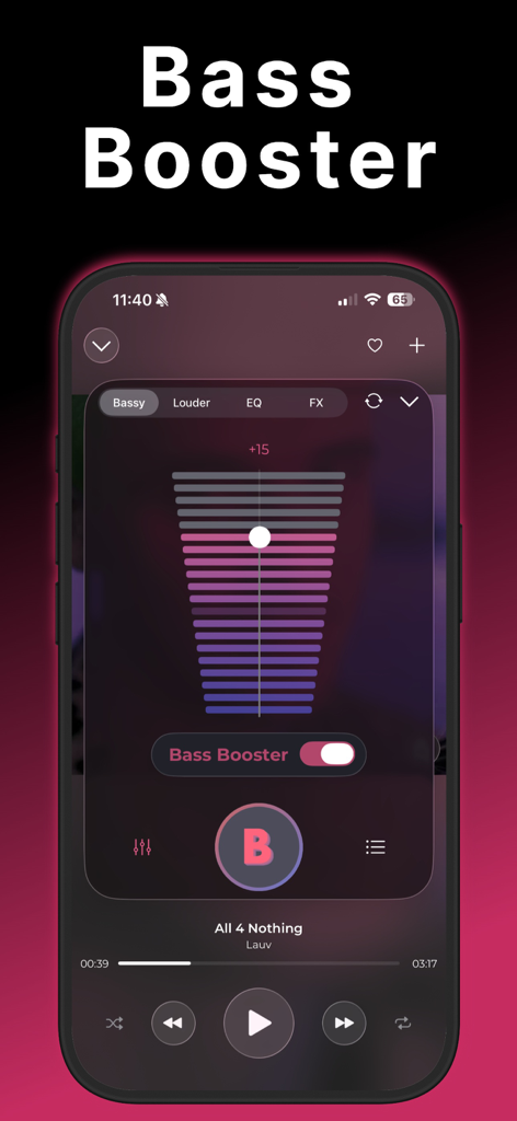 Bassy app interface showing bass booster adjustment slider and music player controls