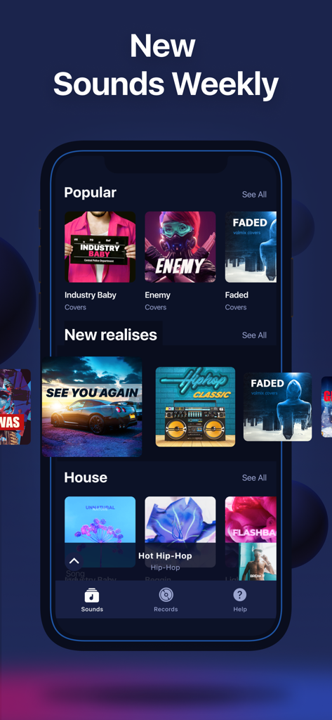 Beat maker • Music maker APP - 人気のあるビートや新着リリースなどのカテゴリが表示されたMusixxアプリの音楽ライブラリインターフェイスを示すスマートフォン画面。