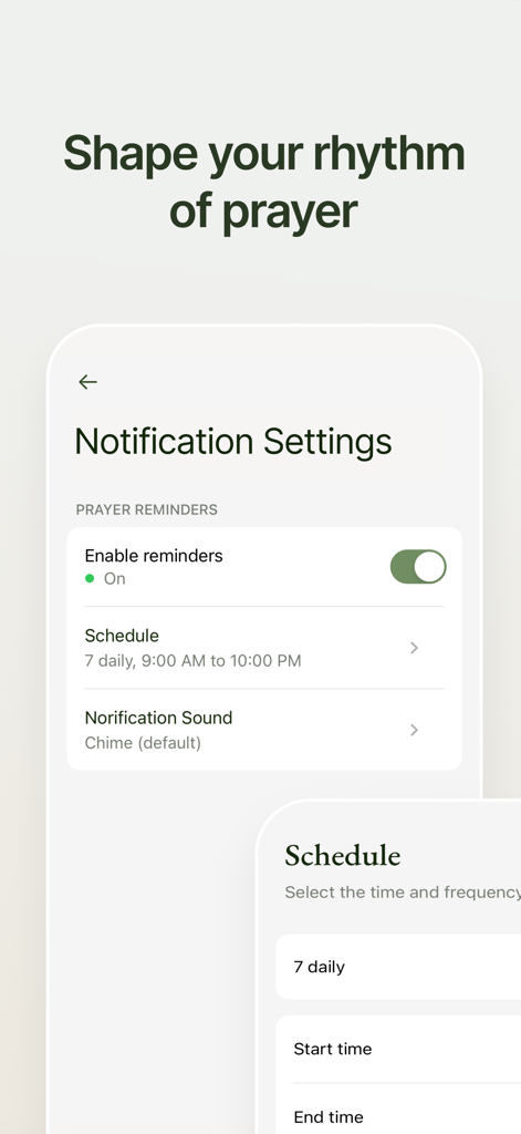 Prayminder - A screen showing the notification settings and daily prayer schedule in the Prayminder app.