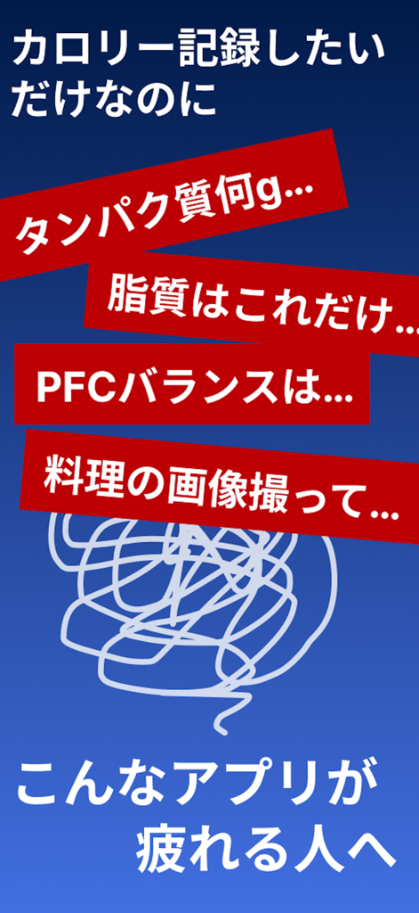 Un gráfico azul con banners rojos que muestran frustraciones comunes con aplicaciones complejas de seguimiento de calorías, como el conteo de macros y la fotografía de alimentos.