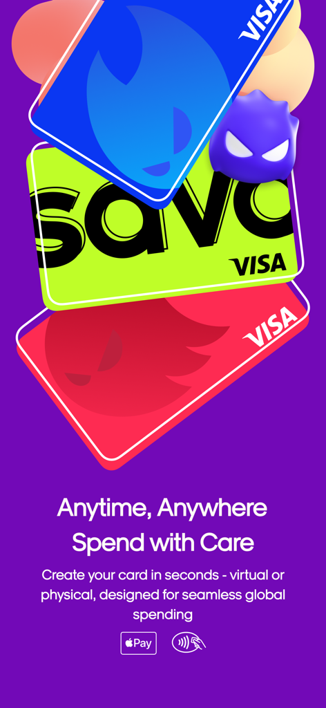 Tres coloridas tarjetas de débito SAVO Visa expuestas para gastos globales y pagos sin contacto