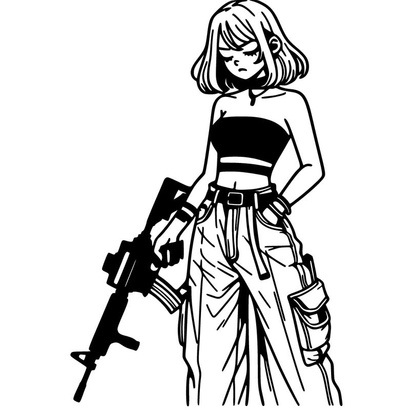 a dangerous girlcrop top and baggy jeans with a rifle in her hand