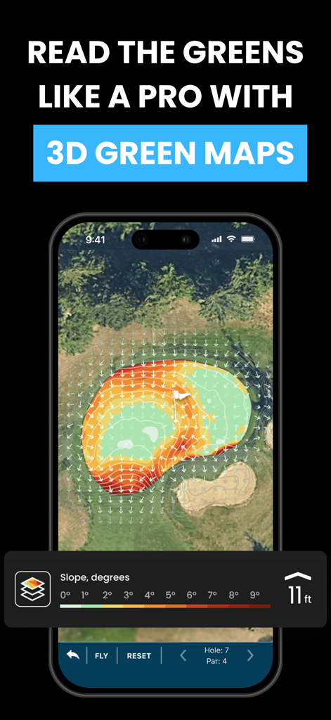 Golf Pad GPS Range Finder - 경사와 브레이크를 읽기 위한 히트맵과 화살표가 있는 3D 골프 그린 맵을 보여주는 휴대폰