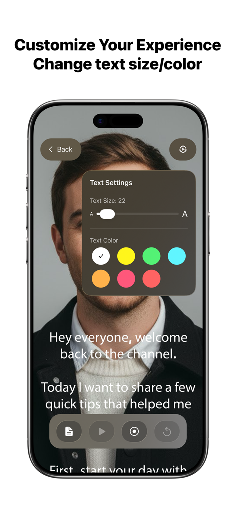 TeleFlow - TeleFlow app interface showing text size and color adjustment settings for the teleprompter over a video recording preview
