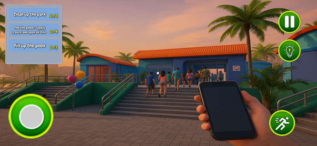 Awesome Water Fun Park Sim 3D - Juego en primera persona de Awesome Water Fun Park Sim 3D con lista de tareas y controles de joystick.