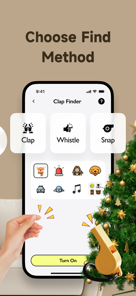 Clap Finder: Find My Device - Interfaz de la aplicación Clap Finder que muestra opciones para encontrar un teléfono aplaudiendo, silbando o chasqueando los dedos con efectos de sonido personalizables