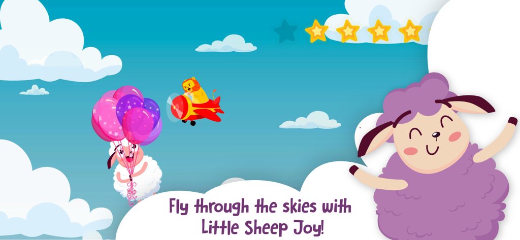The Little Sheep Joy - Little sheep floating with colorful balloons and a lion flying an airplane through a blue sky with clouds.