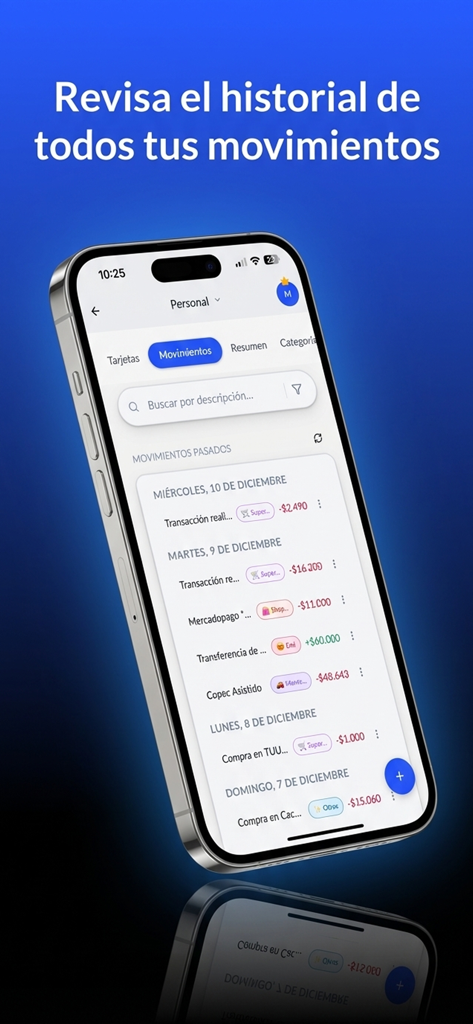 SaveMoneyCL - Pantalla del iPhone que muestra el historial de transacciones y la lista de gastos en la aplicación SaveMoneyCL.