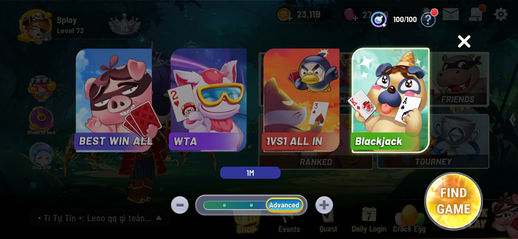 Ba Bich Game - Ba Bich Game Bplay menu screen showing different game modes like Blackjack and 1vs1 with cartoon animal characters