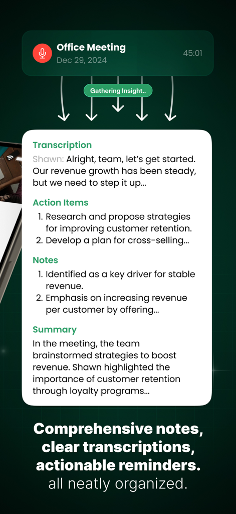 Anotar: Work Meeting Recorder - Anotarアプリの画面に、会議の文字起こしアクションアイテムと要約が表示されています。