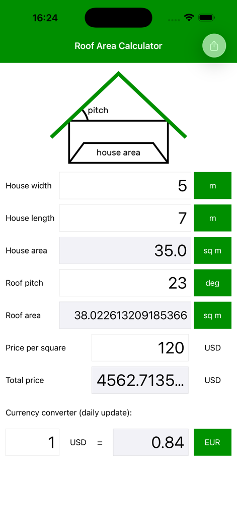 Interface of the Roof Area Calculator app showing input fields for house dimensions, roof pitch, and cost estimation with a diagram.