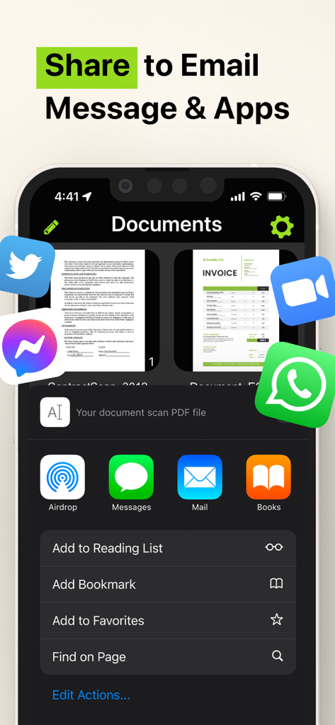 Interface de partage de l'application Scanner Photo PDF montrant des options pour les applications d'e-mail et de messagerie