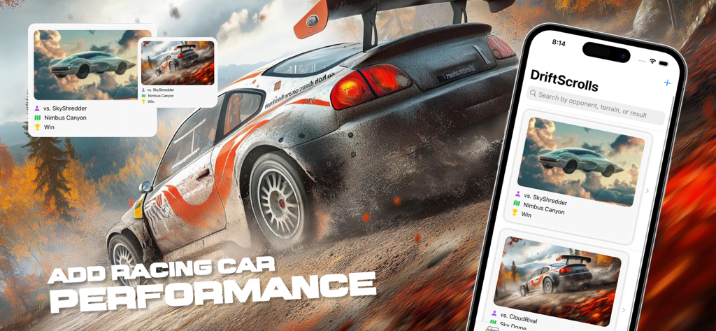 Race X Drift - App Race X Drift exibindo logs de corrida dos Pergaminhos de Drift e um carro de corrida em uma pista