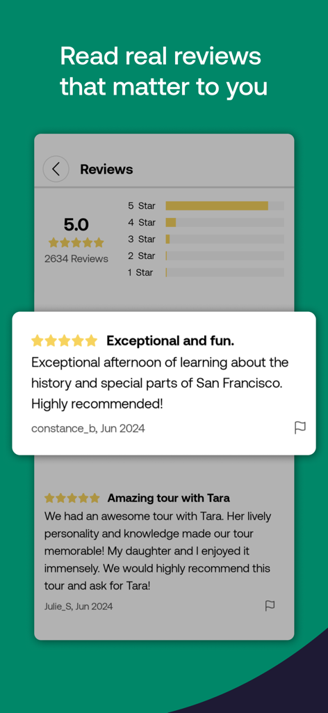 Viator Tours & Attractions - A mobile app screen showing customer ratings and detailed reviews for travel experiences on Viator